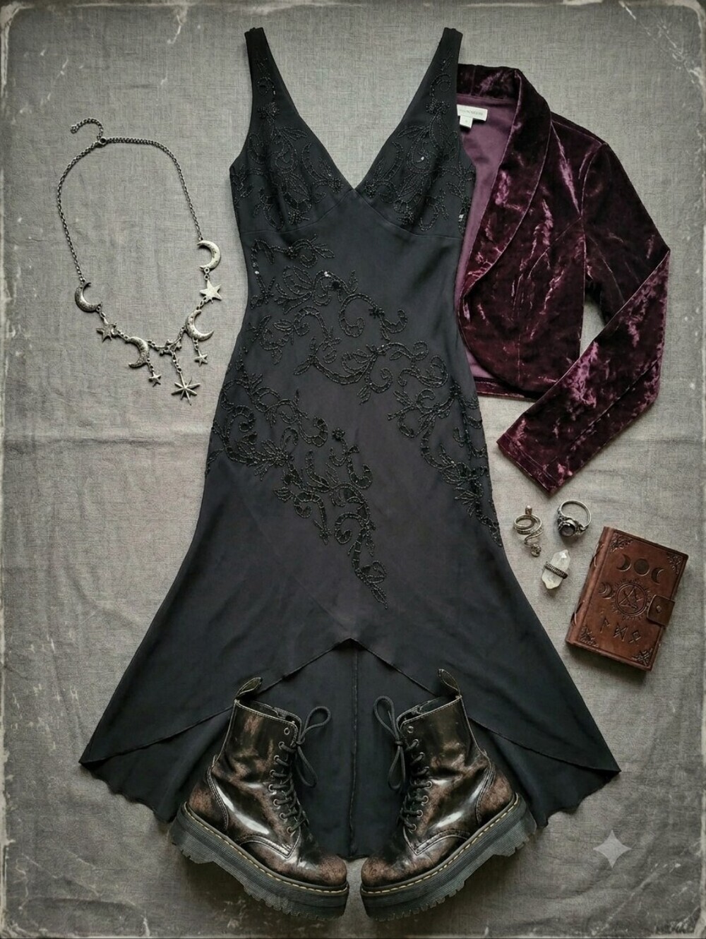 Vtg 90s Y2K Marina 100% Silk Black Beaded Vneck Asymmetrical Hem Evening Dress - Picture 1 of 10
